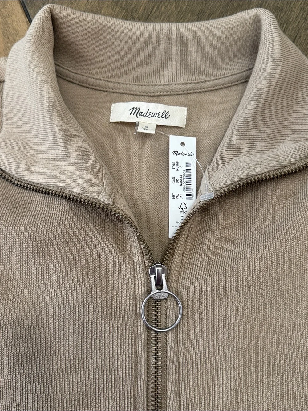 Madewell Garment Dyed Terry Full Zip Up Khaki Sweatshirt NWT Small 100% Cotton